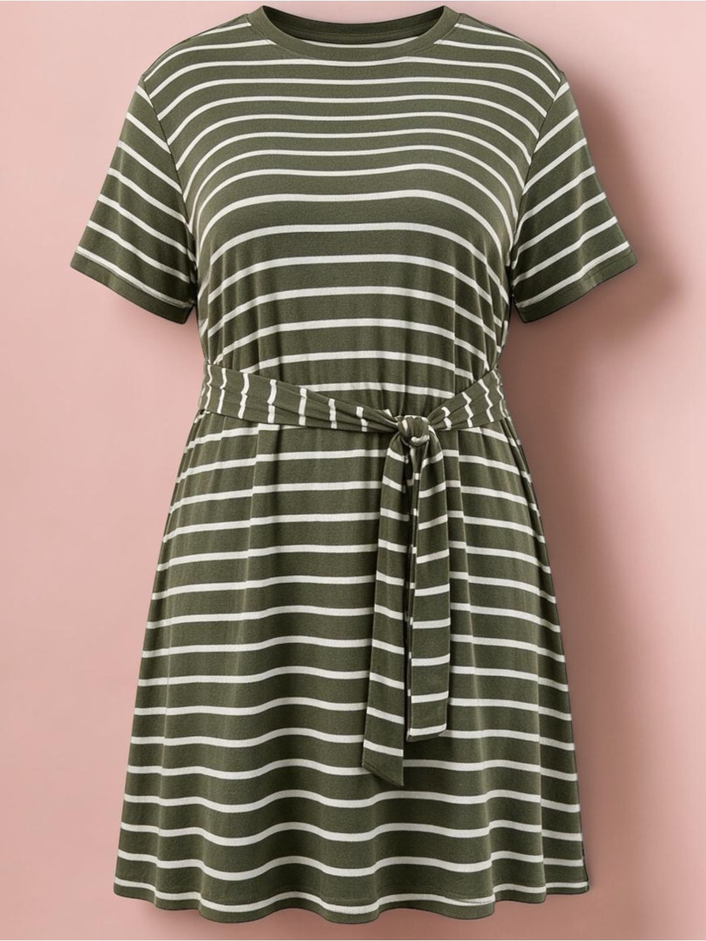 Terra & Sky Plus 3X 24W-26W Olive Green Striped Front Twist T-Shirt Dress NWT